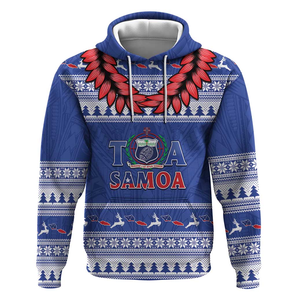 Personalised Toa Samoa Rugby Christmas Hoodie Ula Fala Samoan Pattern Blue - Polynesian Pride