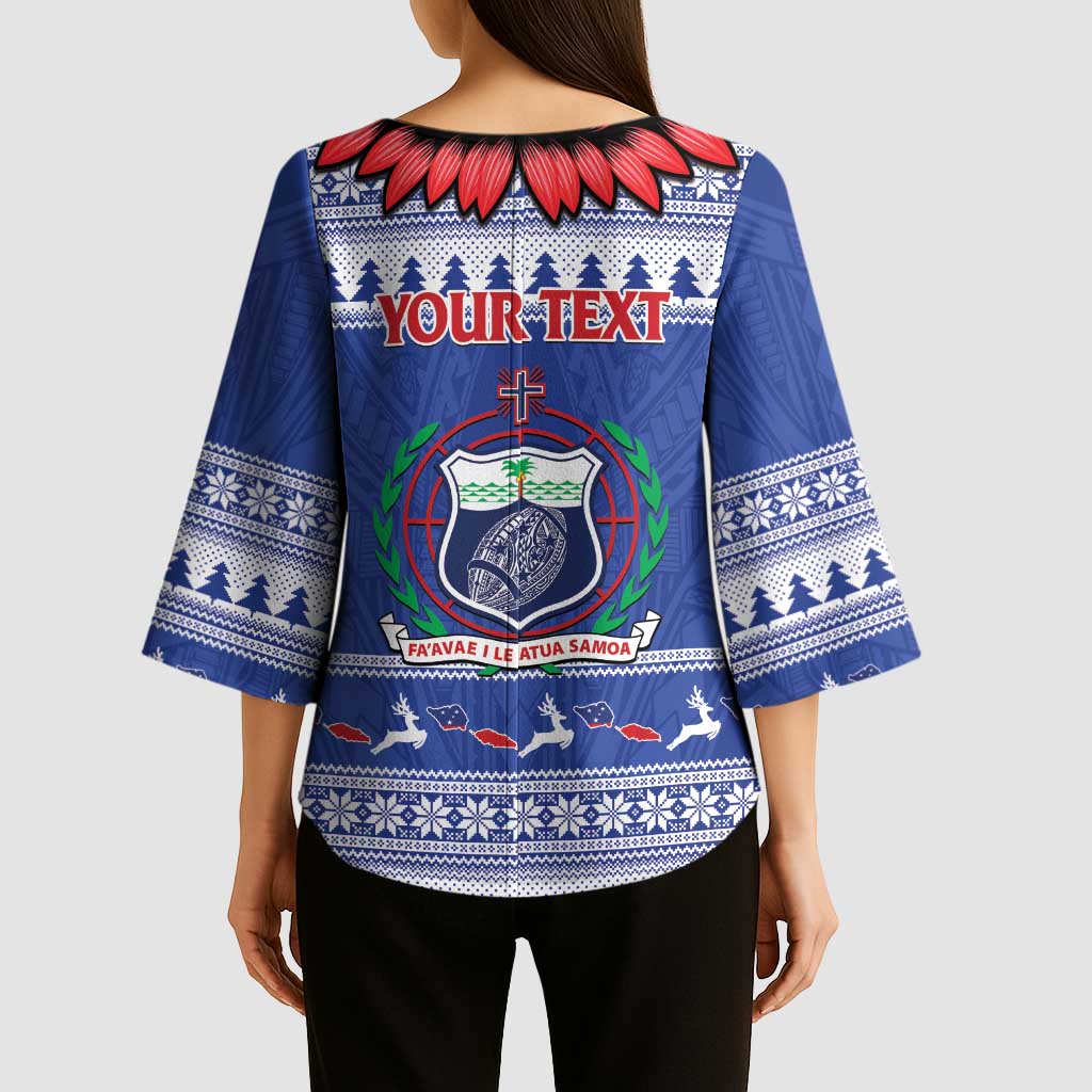 Personalised Toa Samoa Rugby Christmas Kimono Sleeve Blouse Ula Fala Samoan Pattern Blue - Polynesian Pride