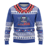 Personalised Toa Samoa Rugby Christmas Ugly Christmas Sweater Ula Fala Samoan Pattern Blue - Polynesian Pride
