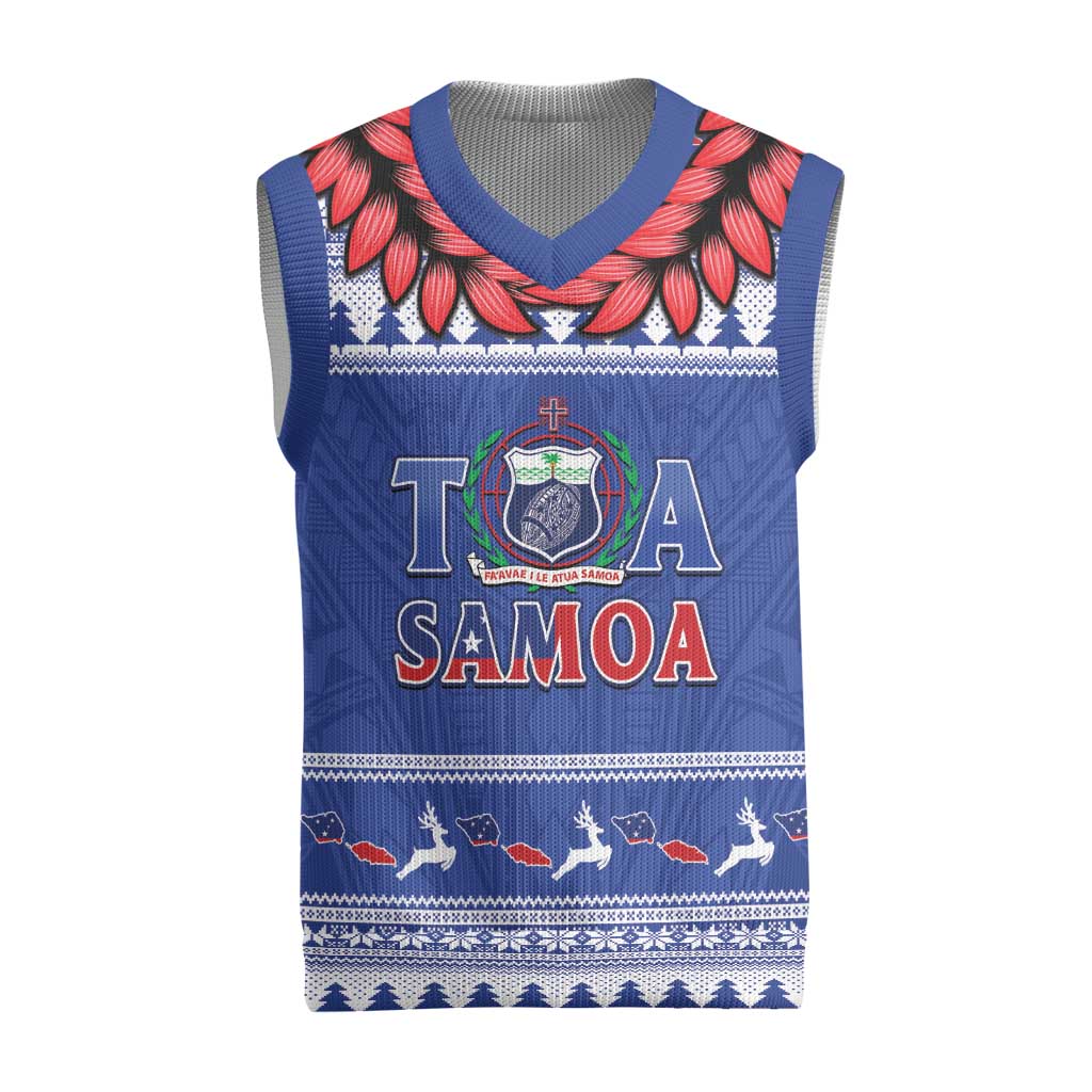 Personalised Toa Samoa Rugby Christmas Knitted V-Neck Vest Ula Fala Samoan Pattern Blue - Polynesian Pride