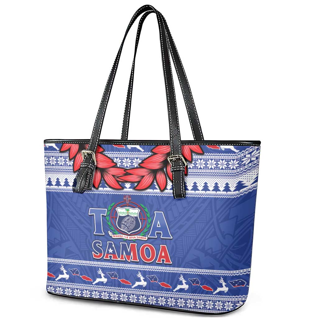 Toa Samoa Rugby Christmas Leather Tote Bag Ula Fala Samoan Pattern Blue - Polynesian Pride