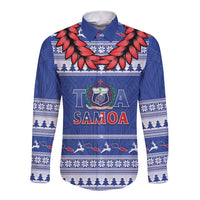 Personalised Toa Samoa Rugby Christmas Long Sleeve Button Shirt Ula Fala Samoan Pattern Blue - Polynesian Pride