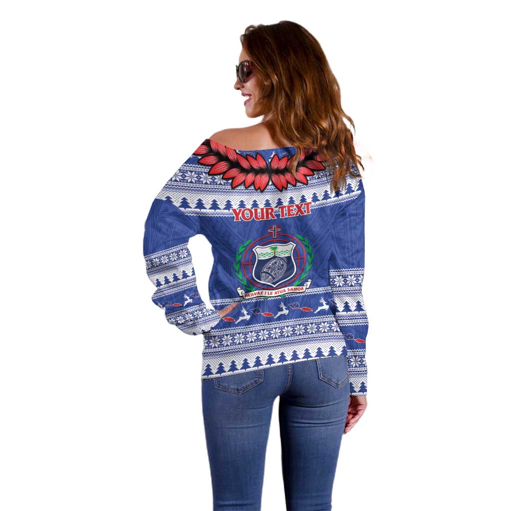 Personalised Toa Samoa Rugby Christmas Off Shoulder Sweater Ula Fala Samoan Pattern Blue - Polynesian Pride