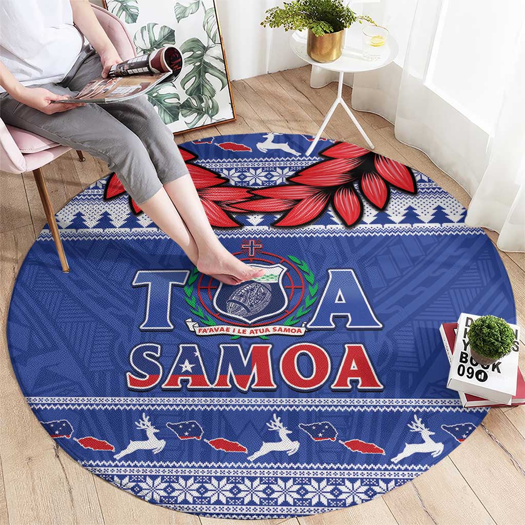 Toa Samoa Rugby Christmas Round Carpet Ula Fala Samoan Pattern Blue - Polynesian Pride