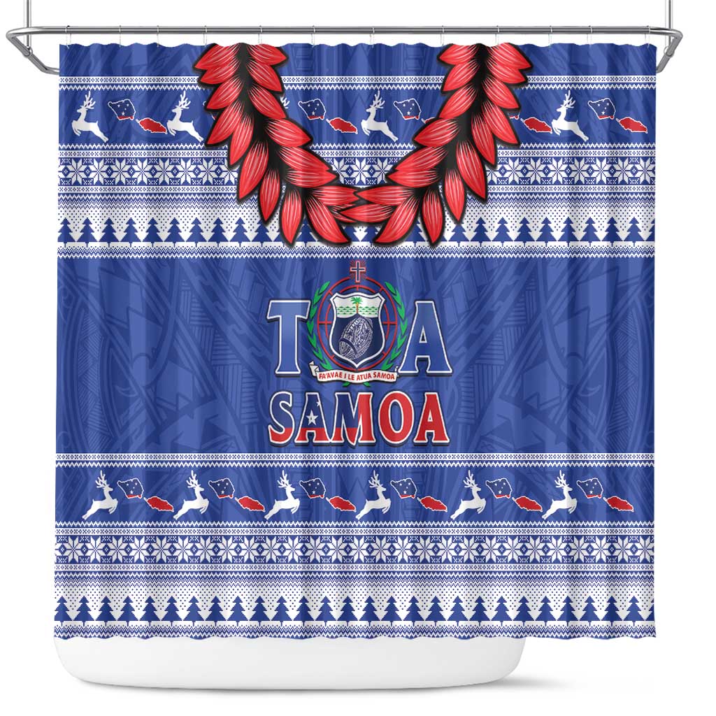 Toa Samoa Rugby Christmas Shower Curtain Ula Fala Samoan Pattern Blue - Polynesian Pride