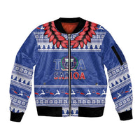 Personalised Toa Samoa Rugby Christmas Sleeve Zip Bomber Jacket Ula Fala Samoan Pattern Blue - Polynesian Pride