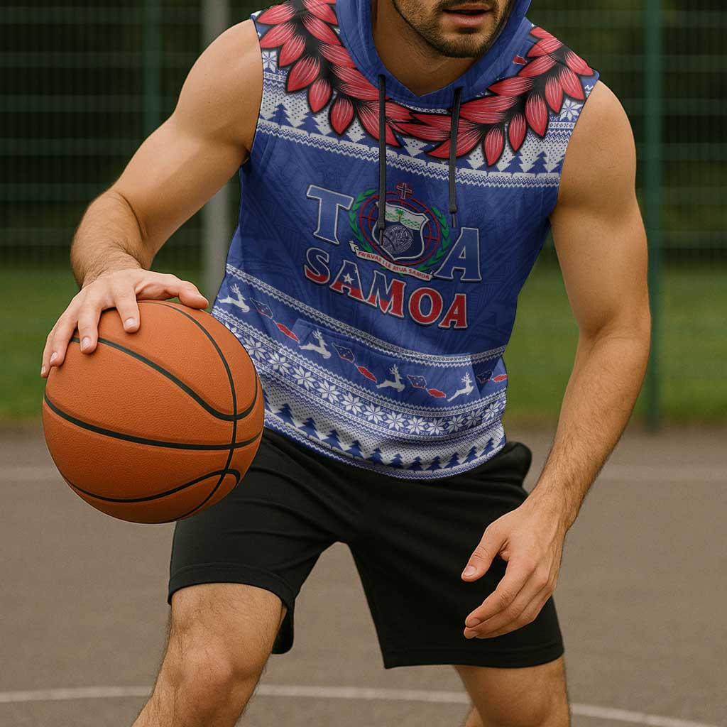 Personalised Toa Samoa Rugby Christmas Sleeveless Hoodie Ula Fala Samoan Pattern Blue - Polynesian Pride
