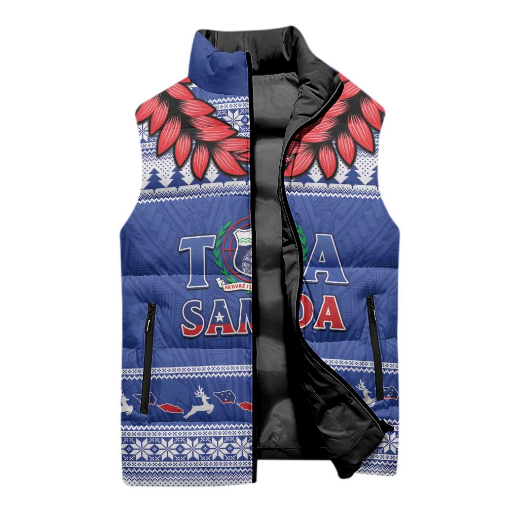 Personalised Toa Samoa Rugby Christmas Sleeveless Puffer Jacket Ula Fala Samoan Pattern Blue - Polynesian Pride
