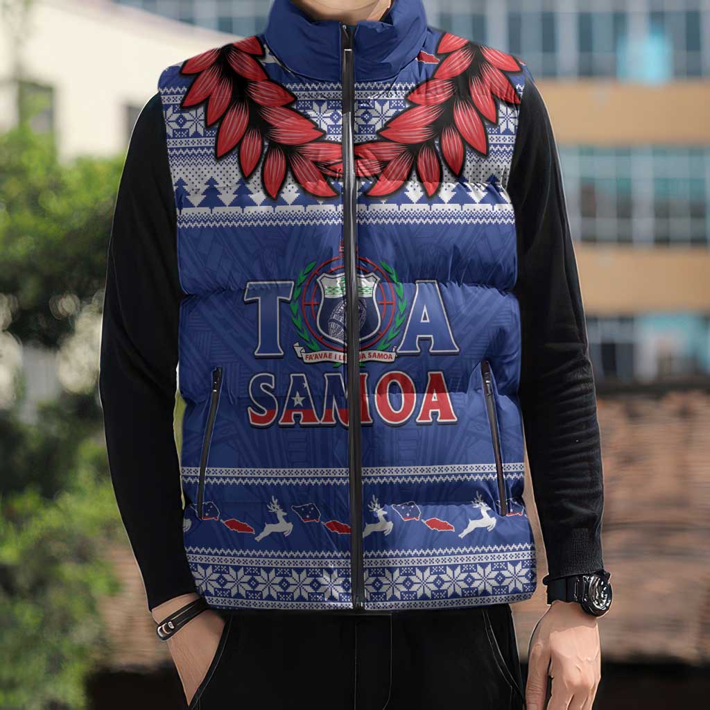Personalised Toa Samoa Rugby Christmas Sleeveless Puffer Jacket Ula Fala Samoan Pattern Blue - Polynesian Pride