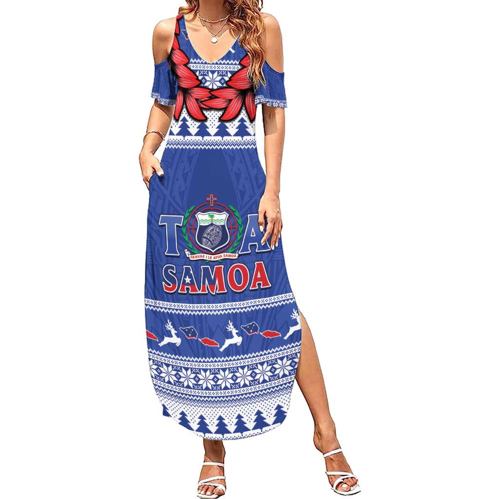 Personalised Toa Samoa Rugby Christmas Summer Maxi Dress Ula Fala Samoan Pattern Blue - Polynesian Pride