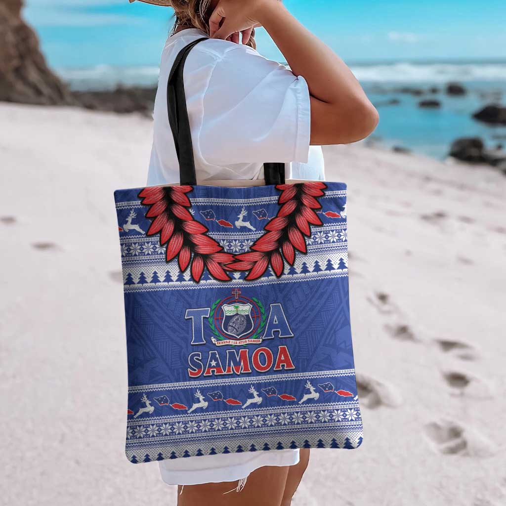 Toa Samoa Rugby Christmas Tote Bag Ula Fala Samoan Pattern Blue - Polynesian Pride