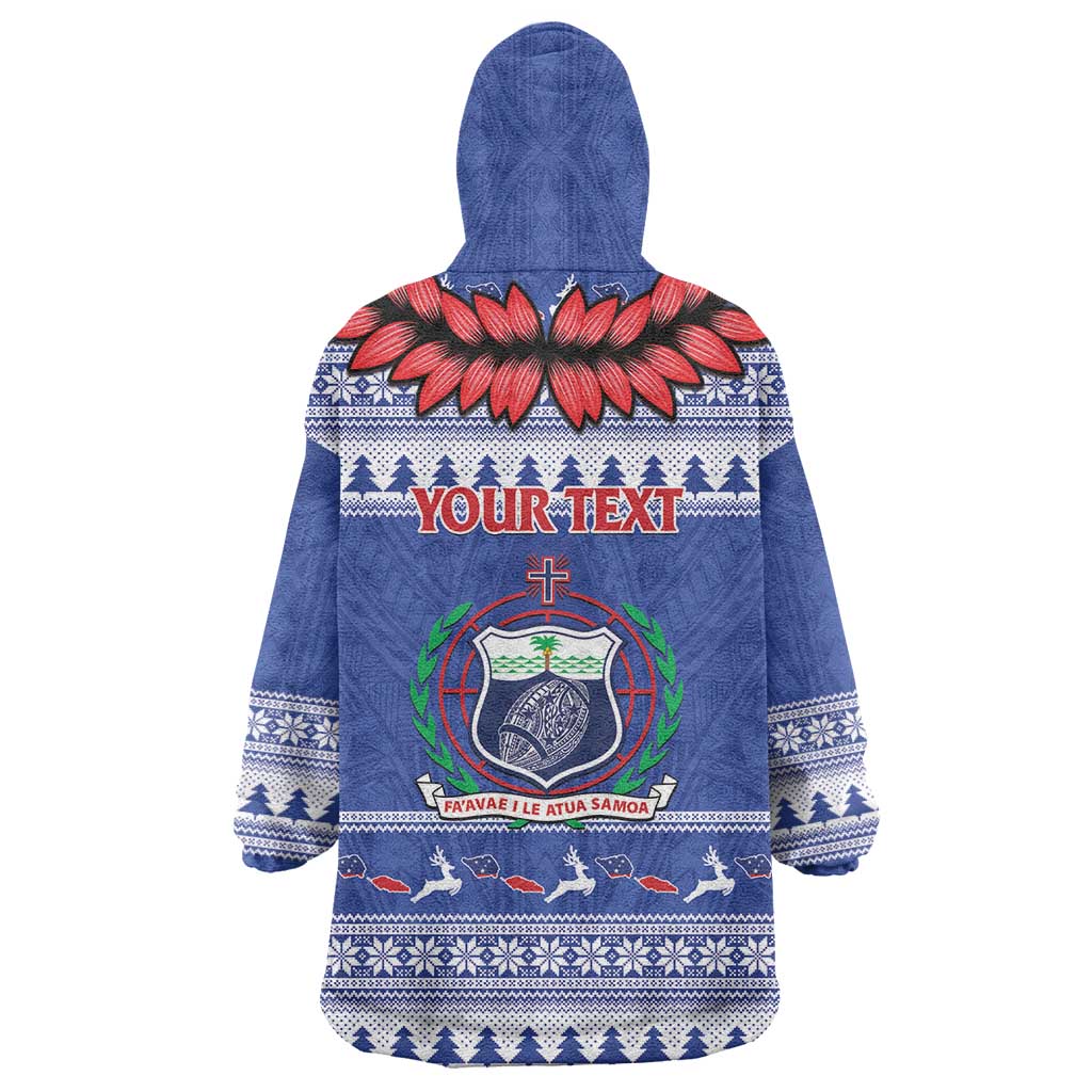 Personalised Toa Samoa Rugby Christmas Wearable Blanket Hoodie Ula Fala Samoan Pattern Blue - Polynesian Pride