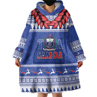 Personalised Toa Samoa Rugby Christmas Wearable Blanket Hoodie Ula Fala Samoan Pattern Blue - Polynesian Pride