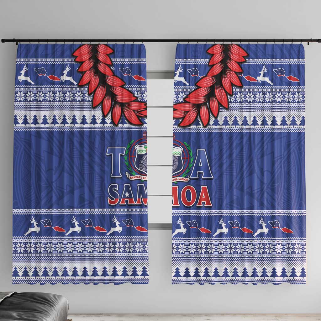Toa Samoa Rugby Christmas Window Curtain Ula Fala Samoan Pattern Blue - Polynesian Pride