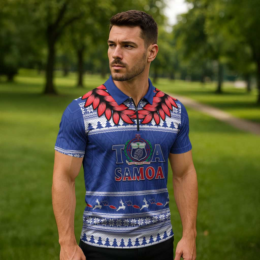 Personalised Toa Samoa Rugby Christmas Zipper Polo Shirt Ula Fala Samoan Pattern Blue - Polynesian Pride
