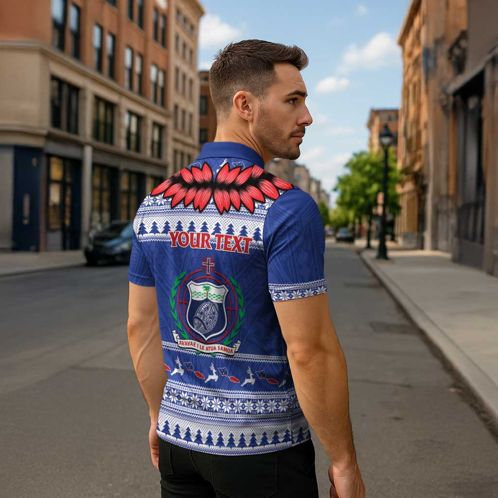 Personalised Toa Samoa Rugby Christmas Zipper Polo Shirt Ula Fala Samoan Pattern Blue - Polynesian Pride