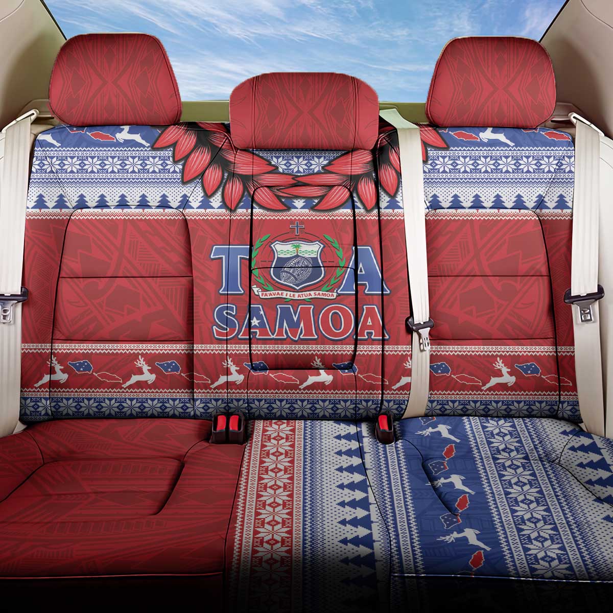 Toa Samoa Rugby Christmas Back Car Seat Cover Ula Fala Samoan Pattern Red - Polynesian Pride