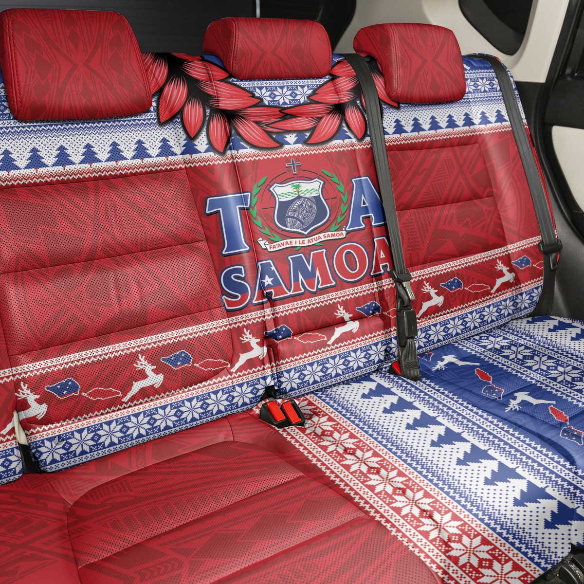 Toa Samoa Rugby Christmas Back Car Seat Cover Ula Fala Samoan Pattern Red - Polynesian Pride
