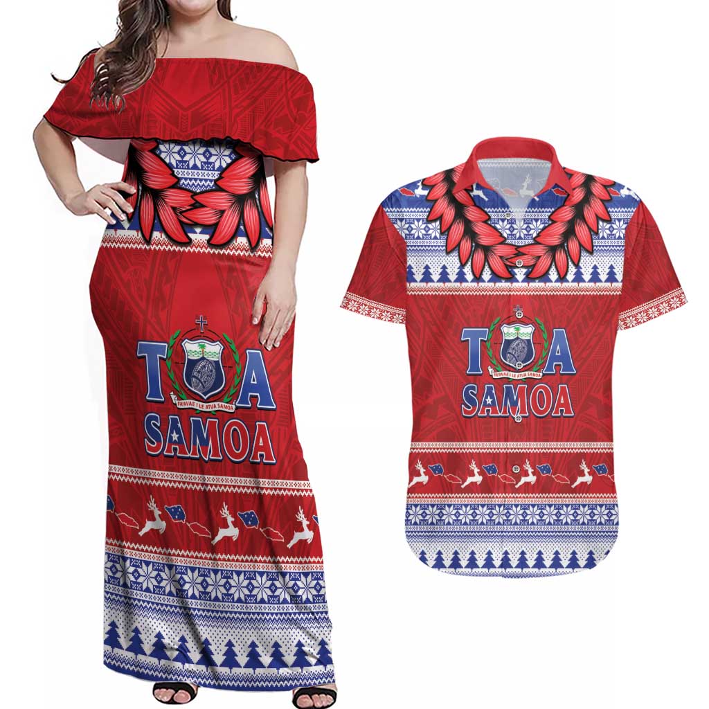 Personalised Toa Samoa Rugby Christmas Couples Matching Off Shoulder Maxi Dress and Hawaiian Shirt Ula Fala Samoan Pattern Red - Polynesian Pride