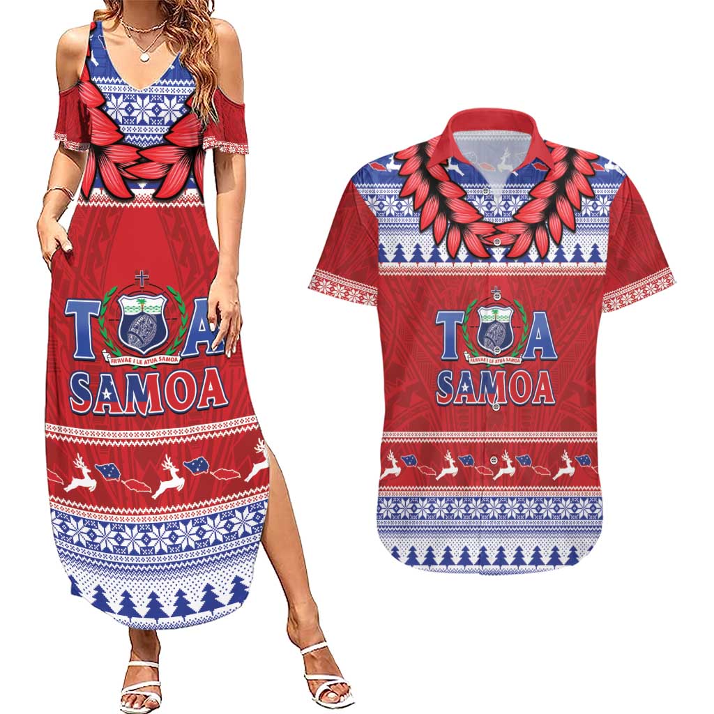 Personalised Toa Samoa Rugby Christmas Couples Matching Summer Maxi Dress and Hawaiian Shirt Ula Fala Samoan Pattern Red - Polynesian Pride