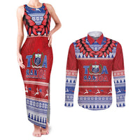 Personalised Toa Samoa Rugby Christmas Couples Matching Tank Maxi Dress and Long Sleeve Button Shirt Ula Fala Samoan Pattern Red - Polynesian Pride