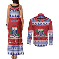 Personalised Toa Samoa Rugby Christmas Couples Matching Tank Maxi Dress and Long Sleeve Button Shirt Ula Fala Samoan Pattern Red - Polynesian Pride