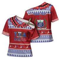Personalised Toa Samoa Rugby Christmas Cross Shoulder Shirt Ula Fala Samoan Pattern Red - Polynesian Pride