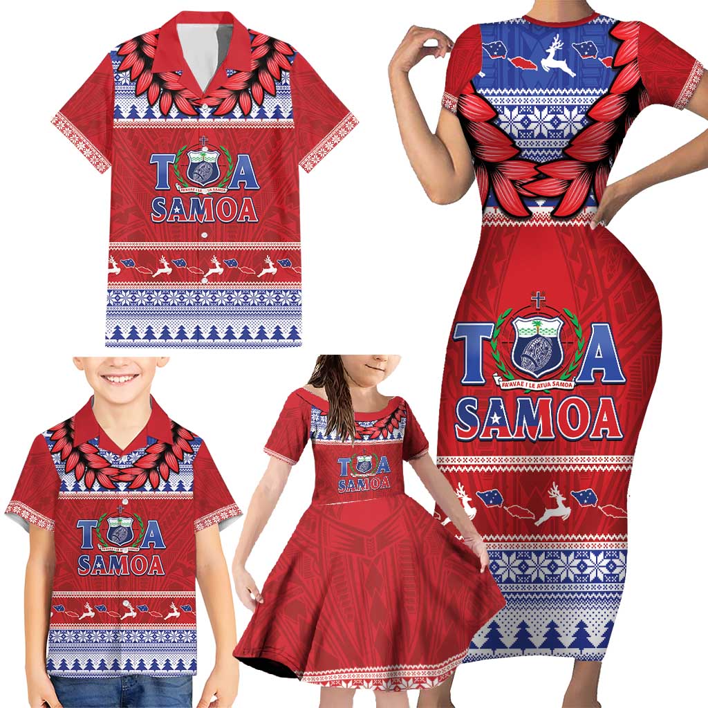 Personalised Toa Samoa Rugby Christmas Family Matching Short Sleeve Bodycon Dress and Hawaiian Shirt Ula Fala Samoan Pattern Red - Polynesian Pride