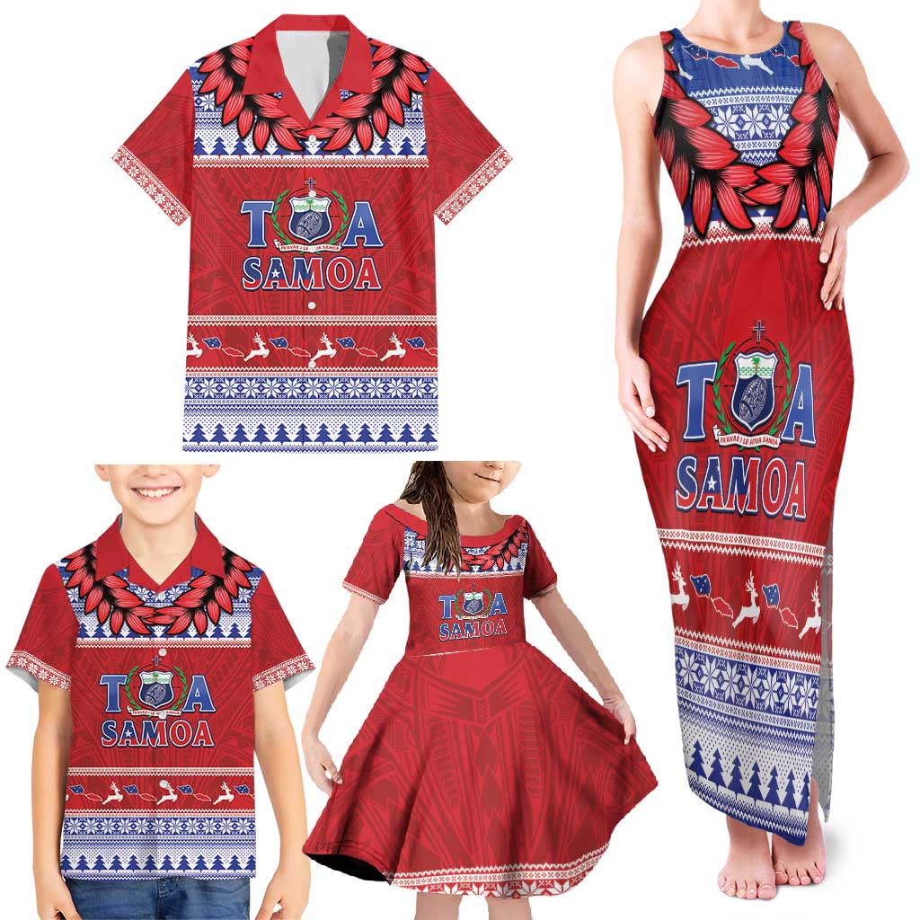 Personalised Toa Samoa Rugby Christmas Family Matching Tank Maxi Dress and Hawaiian Shirt Ula Fala Samoan Pattern Red - Polynesian Pride