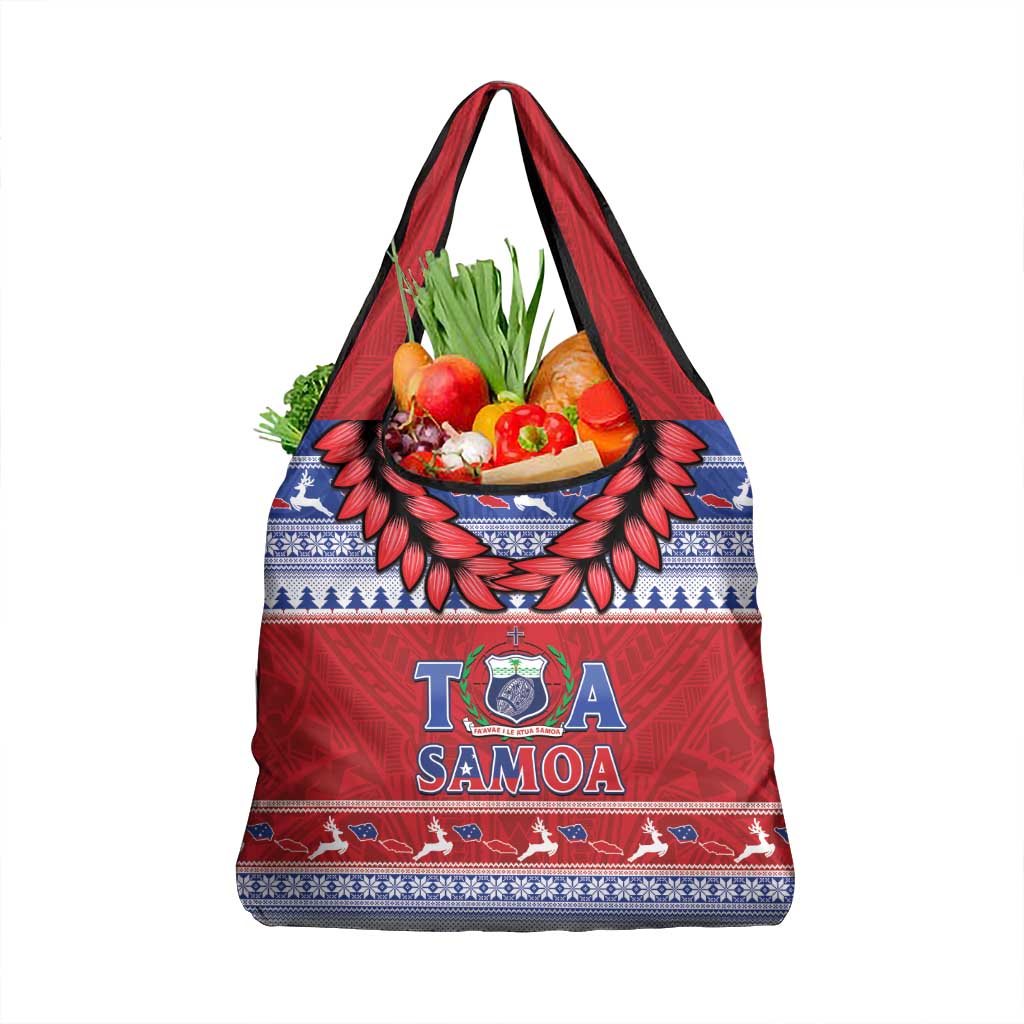 Toa Samoa Rugby Christmas Grocery Bag Ula Fala Samoan Pattern Red - Polynesian Pride