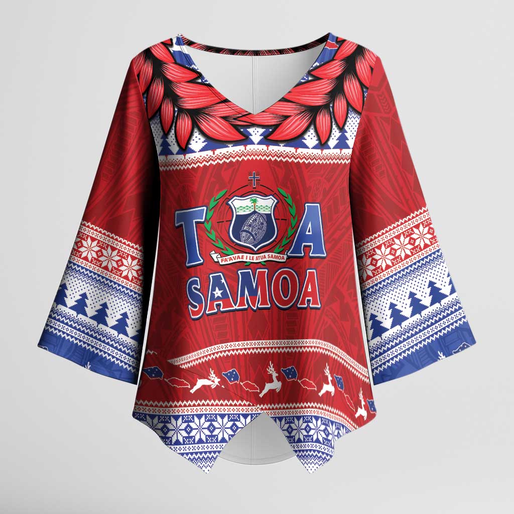 Personalised Toa Samoa Rugby Christmas Kimono Sleeve Blouse Ula Fala Samoan Pattern Red - Polynesian Pride