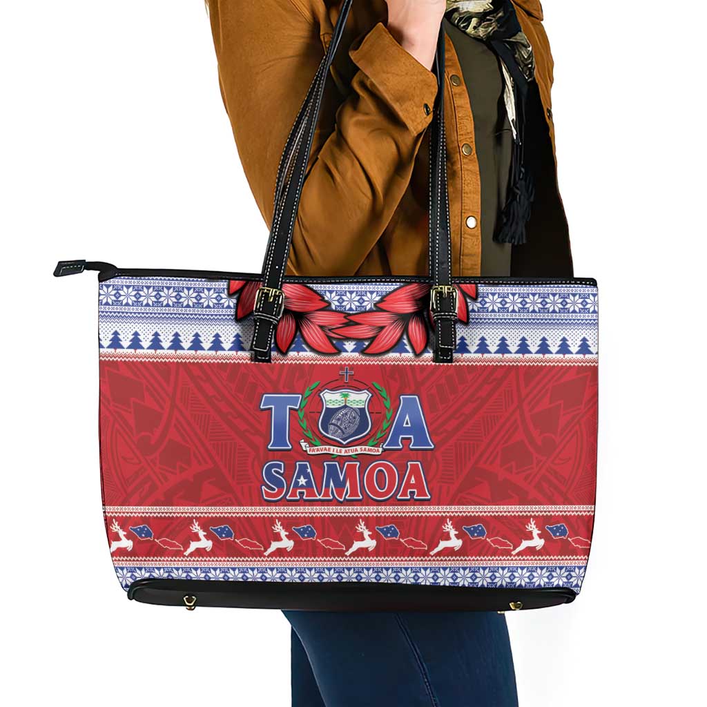 Toa Samoa Rugby Christmas Leather Tote Bag Ula Fala Samoan Pattern Red - Polynesian Pride