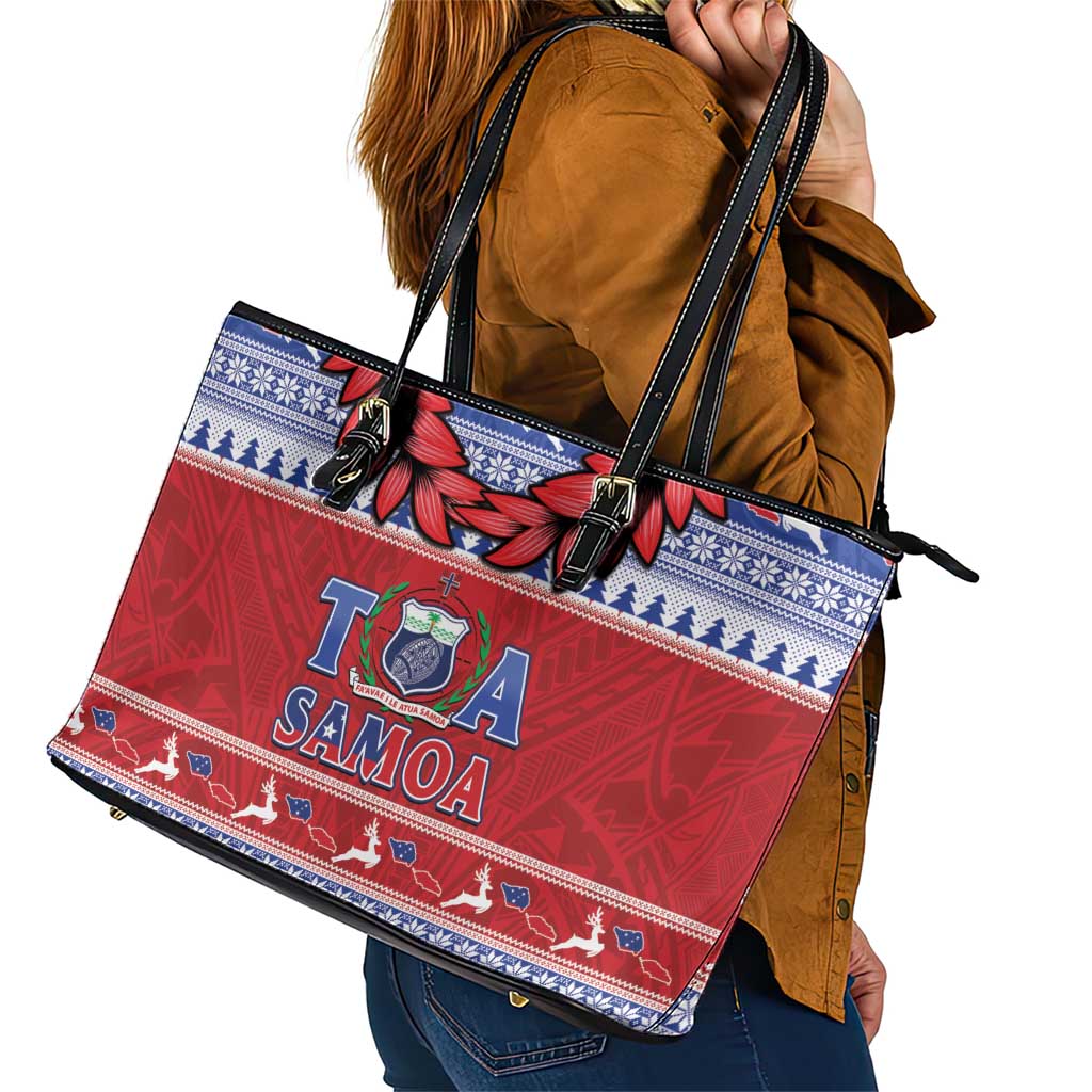 Toa Samoa Rugby Christmas Leather Tote Bag Ula Fala Samoan Pattern Red - Polynesian Pride