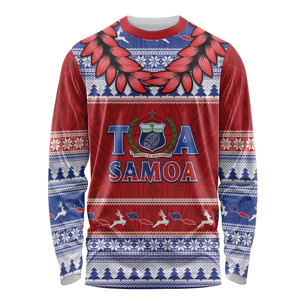Personalised Toa Samoa Rugby Christmas Long Sleeve Shirt Ula Fala Samoan Pattern Red - Polynesian Pride