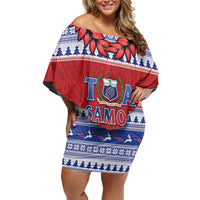 Personalised Toa Samoa Rugby Christmas Off Shoulder Short Dress Ula Fala Samoan Pattern Red - Polynesian Pride