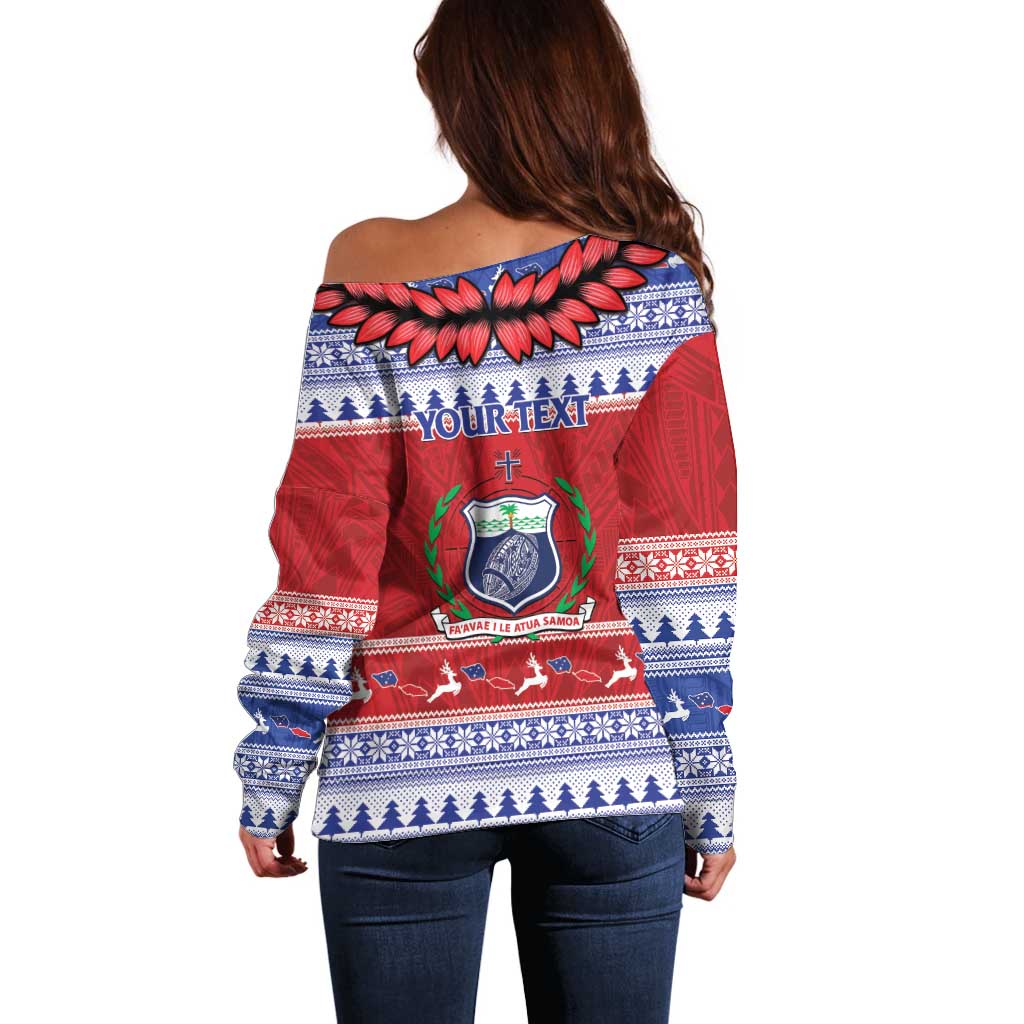 Personalised Toa Samoa Rugby Christmas Off Shoulder Sweater Ula Fala Samoan Pattern Red - Polynesian Pride
