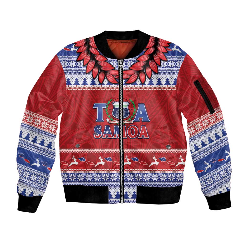 Personalised Toa Samoa Rugby Christmas Sleeve Zip Bomber Jacket Ula Fala Samoan Pattern Red - Polynesian Pride