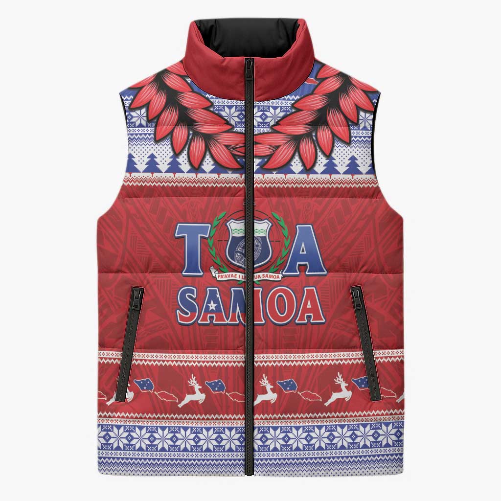 Personalised Toa Samoa Rugby Christmas Sleeveless Puffer Jacket Ula Fala Samoan Pattern Red - Polynesian Pride