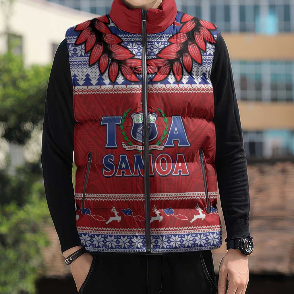 Personalised Toa Samoa Rugby Christmas Sleeveless Puffer Jacket Ula Fala Samoan Pattern Red - Polynesian Pride