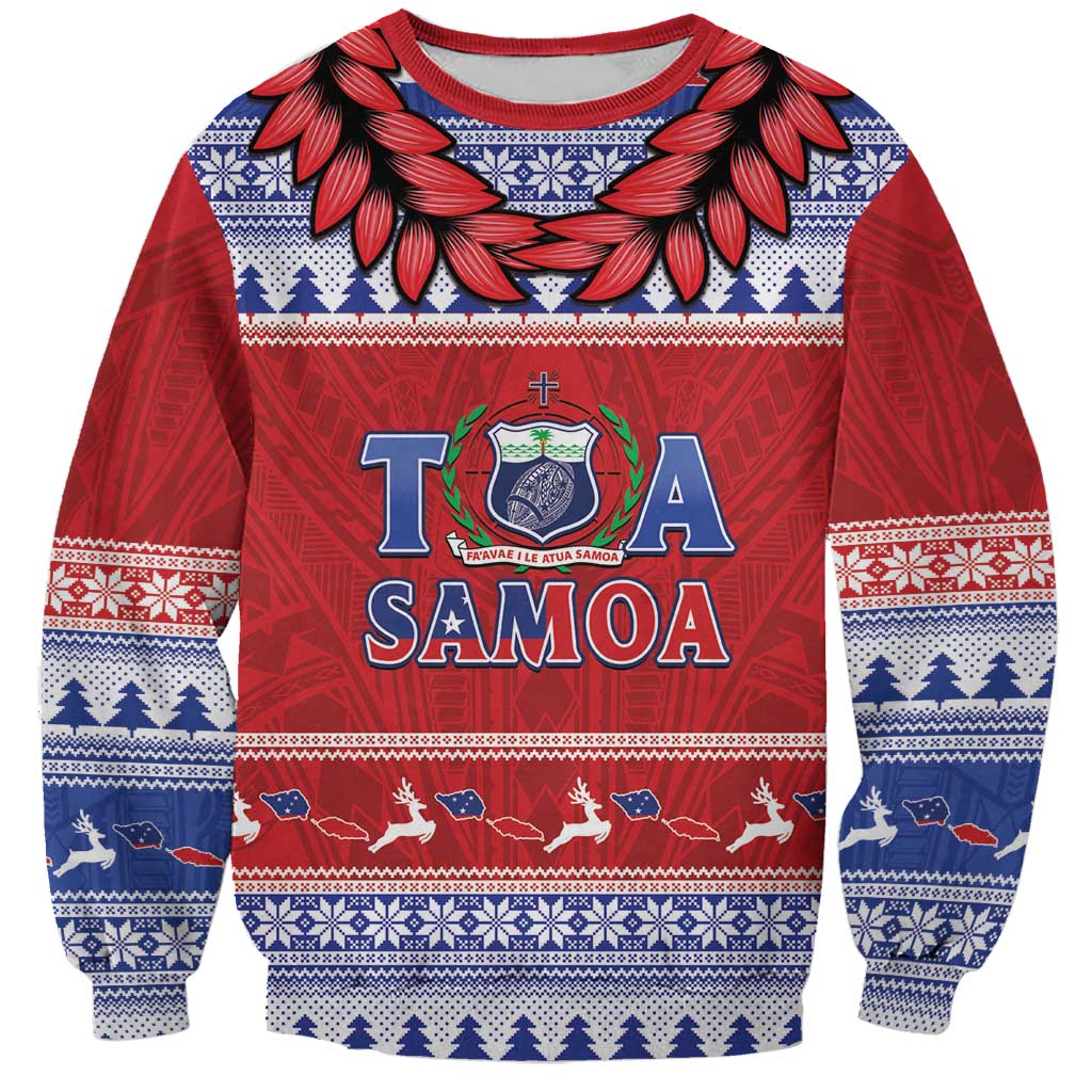 Personalised Toa Samoa Rugby Christmas Sweatshirt Ula Fala Samoan Pattern Red - Polynesian Pride
