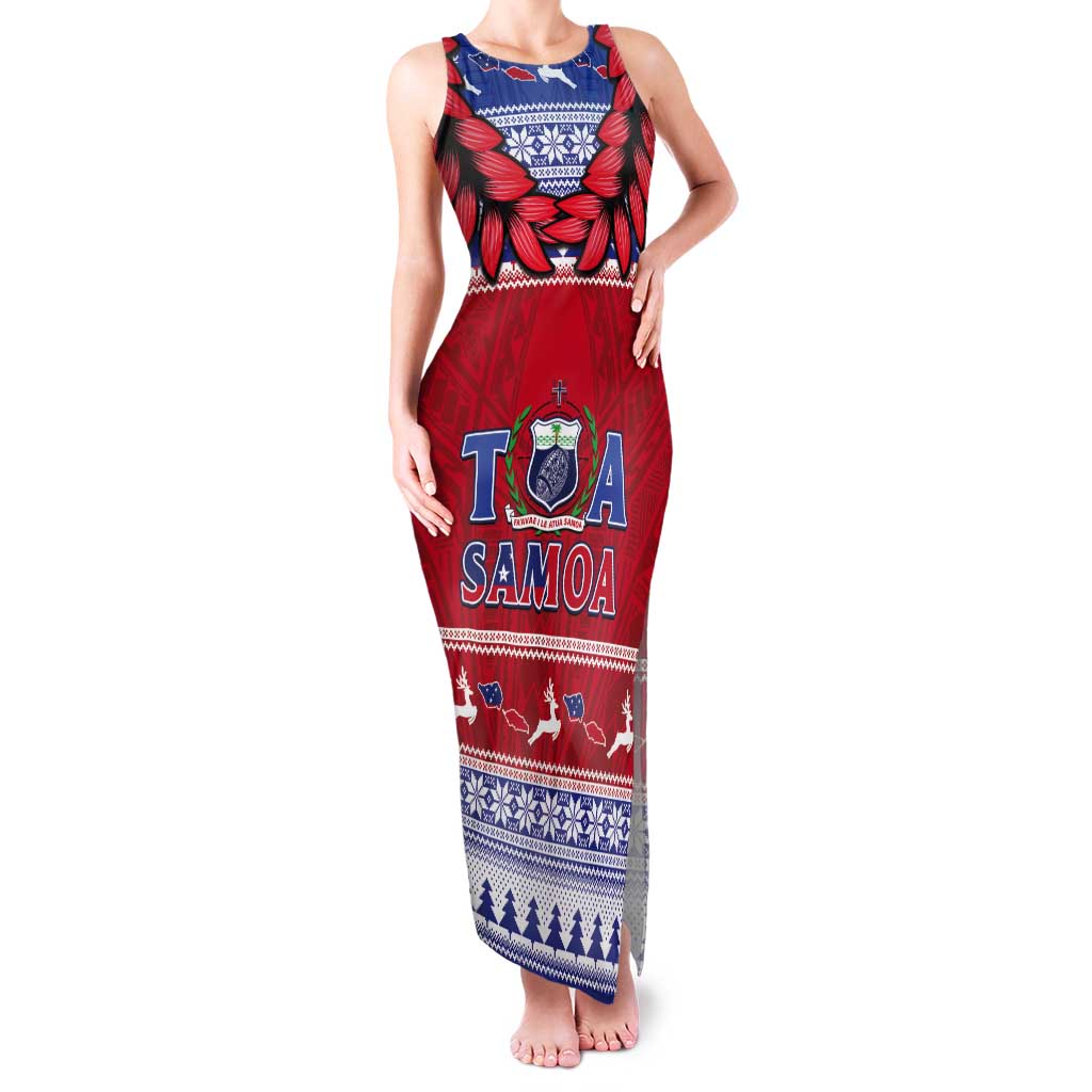 Personalised Toa Samoa Rugby Christmas Tank Maxi Dress Ula Fala Samoan Pattern Red - Polynesian Pride