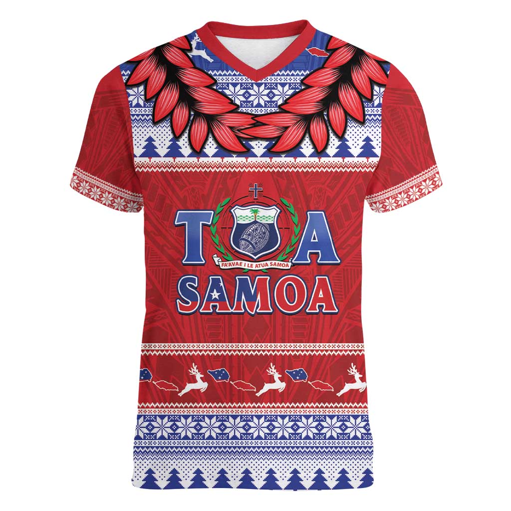 Personalised Toa Samoa Rugby Christmas Women V-Neck T-Shirt Ula Fala Samoan Pattern Red - Polynesian Pride