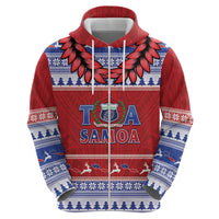 Personalised Toa Samoa Rugby Christmas Zip Hoodie Ula Fala Samoan Pattern Red - Polynesian Pride