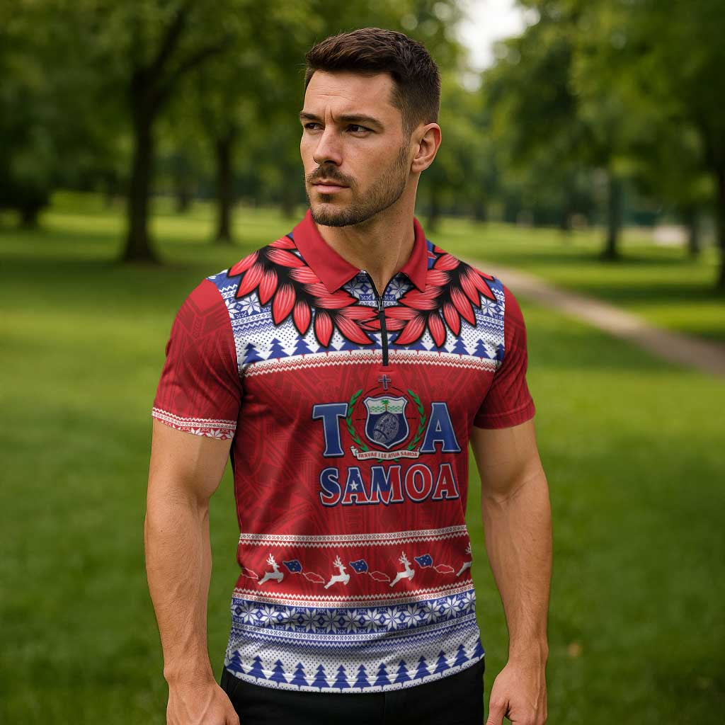 Personalised Toa Samoa Rugby Christmas Zipper Polo Shirt Ula Fala Samoan Pattern Red - Polynesian Pride