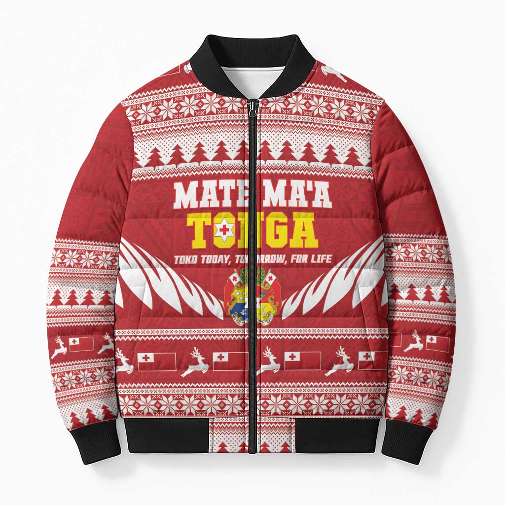 Personalised Tonga Rugby Christmas Bomber Puffer Jacket Mate Maa Tonga Ngatu Pattern - Polynesian Pride