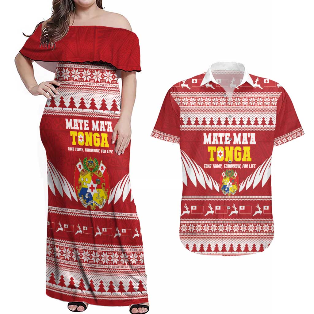Personalised Tonga Rugby Christmas Couples Matching Off Shoulder Maxi Dress and Hawaiian Shirt Mate Maa Tonga Ngatu Pattern - Polynesian Pride