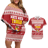Personalised Tonga Rugby Christmas Couples Matching Off Shoulder Short Dress and Hawaiian Shirt Mate Maa Tonga Ngatu Pattern - Polynesian Pride