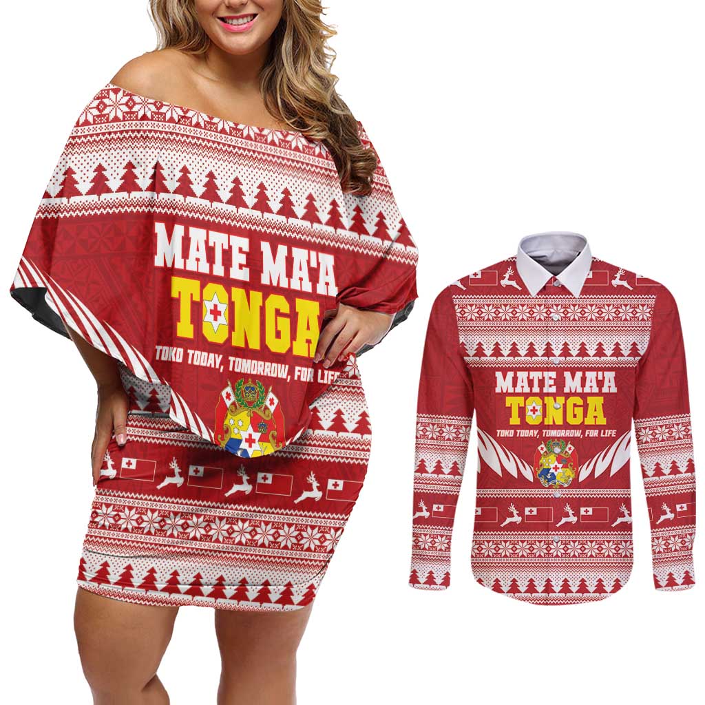 Personalised Tonga Rugby Christmas Couples Matching Off Shoulder Short Dress and Long Sleeve Button Shirt Mate Maa Tonga Ngatu Pattern - Polynesian Pride