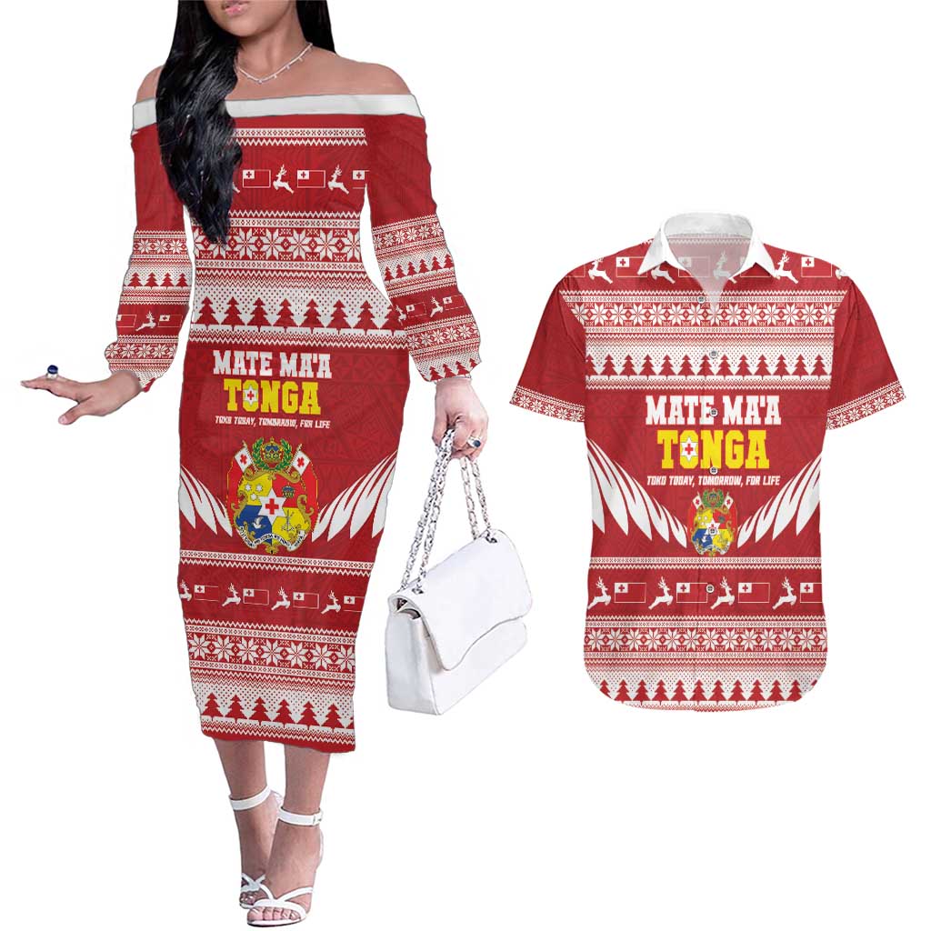 Personalised Tonga Rugby Christmas Couples Matching Off The Shoulder Long Sleeve Dress and Hawaiian Shirt Mate Maa Tonga Ngatu Pattern - Polynesian Pride