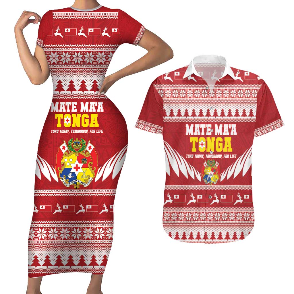 Personalised Tonga Rugby Christmas Couples Matching Short Sleeve Bodycon Dress and Hawaiian Shirt Mate Maa Tonga Ngatu Pattern - Polynesian Pride